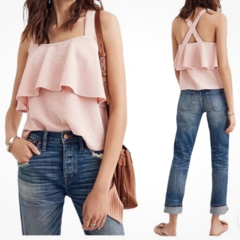 Madewell Texture and Thread Crossback Pink Ruffles Crop Tank Size Large